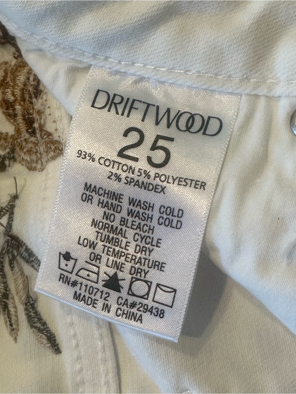 DRIFTWOOD Jackie High Rise Brown Floral Embroidered Boho Sz 25 White Women Jeans - Picture 4 of 9